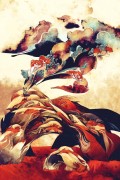 Sea of Rocks - Emmanuel Malin\'s is a story of loneliness. In a red desert a magician invokes forces beyond his control.\n\nMany of Malin\'s themes return in this original digital art print. There is the spiritual component and the elements of nature such as earth, rock, fire, rain clouds and... Koi carps! The image also features a masked figure and depicts man’s struggle with his environment. \n\nMalin says of this: \