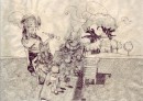 L\'Heure du The - The drawing L\'Heure du The is part of a series of pencil drawings and collages on Nepalese paper by Emmanuel Malin. Malin drew these during a Parisian exhibition of Carbone Collectif. This collective is a group of young French artists that collaborates irregularly on projects and exhibitions.