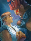 Ryu vs Akuma - This illustration is made by Japanese artist Dai-Chan who worked on two Street Fighter Alpha games. The print is a reproduction of a canvas painting that formed the main image for Street Fighter Alpha 2. What\'s interesting about this image is that Akuma is depicted as being much larger than Ryu while in the games they are the same height.